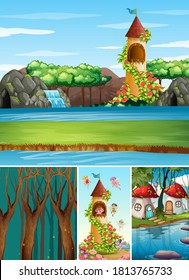 Cuatro escenas diferentes del mundo de fantasía con lugares de fantasía como el castillo con cascada y hongos ilustración de aldea