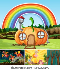 Four different scene of fantasy world with fantasy places and fantasy character such as dragon and pumpkin house illustration