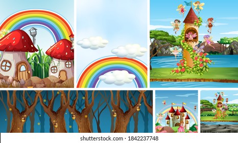 Four different scene of fantasy world with beautiful fairies in the fairy tale and mushroom village and forest at night illustration