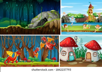 Four different scene of fantasy world with fantasy places and fantasy characters such as dragons and fairies illustration