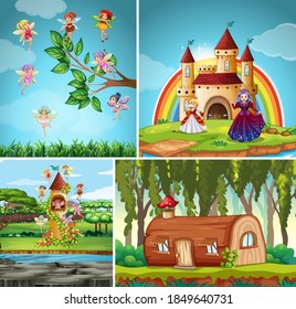 Vier verschiedene Szenen von Fantasiewelt mit Fantasy-Orten und Fantasy-Figuren wie Blockhaus und Märchengrafik