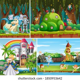 Four different scene of fantasy world with fantasy places and fantasy characters such as dragons and fairies and princess and knight illustration