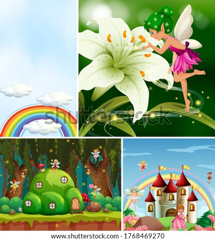 Four different scene of fantasy world with fantasy places and fantasy characters such as fairy with flower illustration