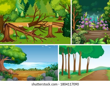 Four different scene of forest cartoon style illustration