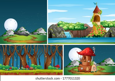 Four different scene of nature fantasy world with mushroom house illustration