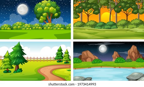 Four different scene of nature park and forest illustration