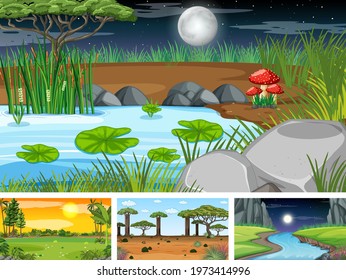 Four different scene of nature park and forest illustration
