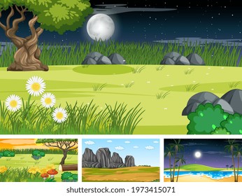 Four different scene of nature park and forest illustration
