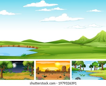 Four different scene of nature park and forest illustration