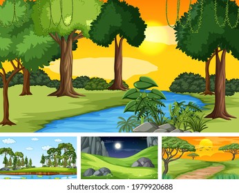 Four different scene of nature park and forest illustration