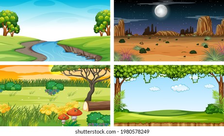 Four different scene of nature park and forest illustration