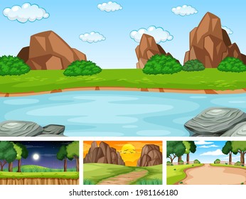 Four different scene of nature park and forest illustration