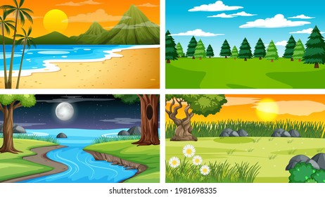 Four different scene of nature park and forest illustration