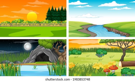 Four different scene of nature park and forest illustration