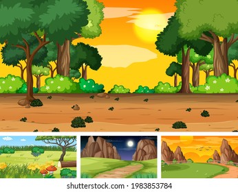 Cuatro escenas diferentes del parque natural y la ilustración forestal