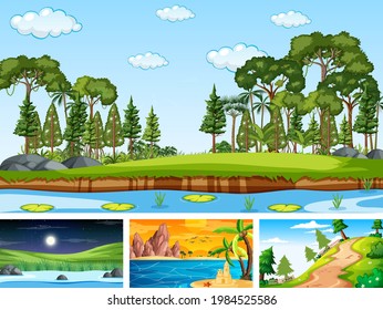 Vier verschiedene Szenen von Naturpark und Waldgrafik