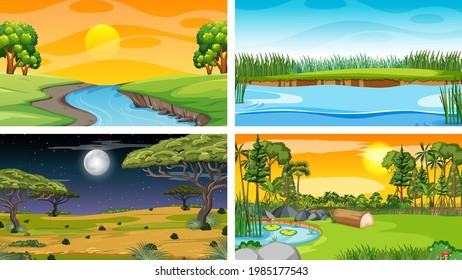 Four different scene of nature park and forest illustration