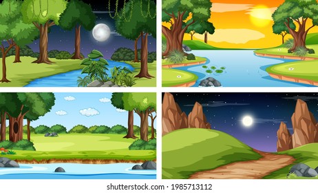 Cuatro escenas diferentes del parque natural y la ilustración forestal