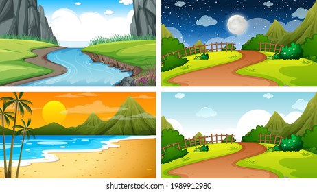 Four different scene of nature park and forest illustration