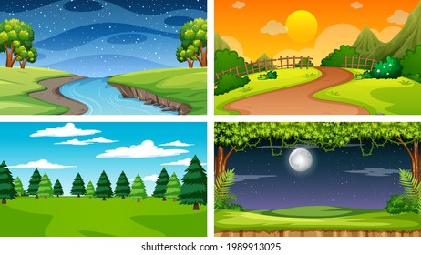 Vier verschiedene Szenen von Naturpark und Waldgrafik