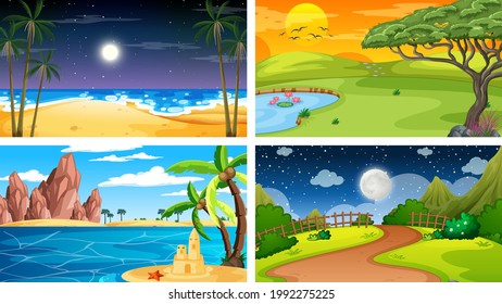 Four different scene of nature park and forest illustration