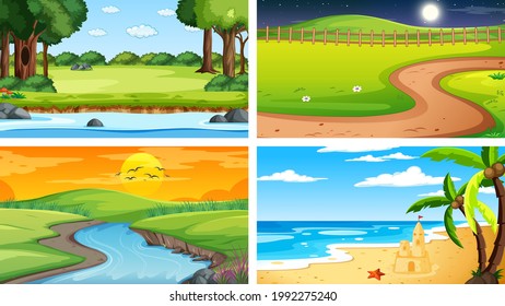 Four different scene of nature park and forest illustration