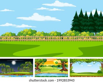 Four different scene of nature park and forest illustration