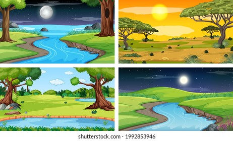 Four different scene of nature park and forest illustration