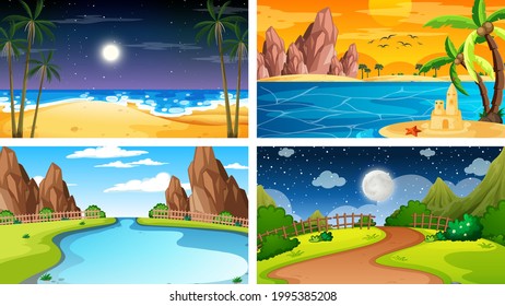 Four different scene of nature park and forest illustration
