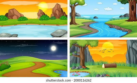 Four different scene of nature park and forest illustration