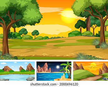 Four different scene of nature park and forest illustration