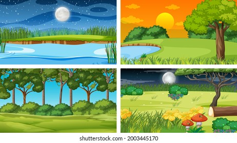 Cuatro escenas diferentes del parque natural y la ilustración forestal