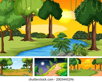 Four different scene of nature park and forest illustration