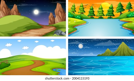 Four different scene of nature park and forest illustration