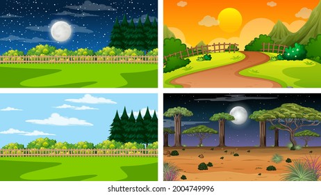 Cuatro escenas diferentes del parque natural y la ilustración forestal