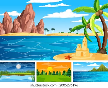 Four different scene of nature park and forest illustration