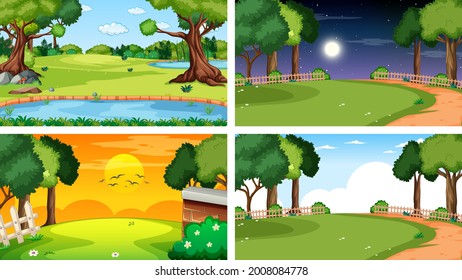 Vier verschiedene Szenen von Naturpark und Waldgrafik