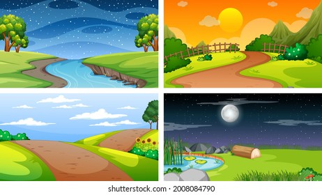 Cuatro escenas diferentes del parque natural y la ilustración forestal