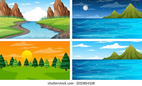 Cuatro escenas diferentes del parque natural y la ilustración forestal
