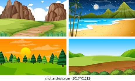 Four different scene of nature park and forest illustration