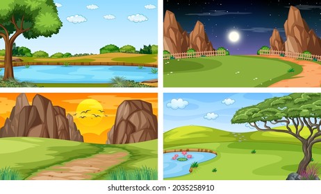 Four different scene of nature park and forest illustration