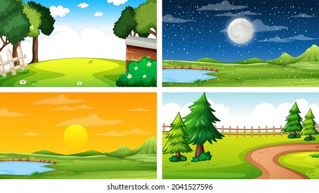 Four different scene of nature park and forest illustration