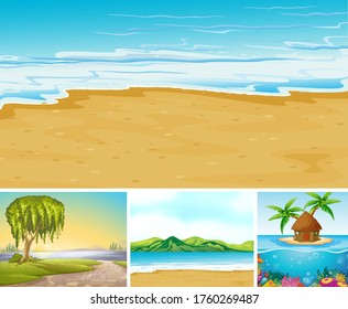Four different scene of tropical beach with sea creater cartoon style illustration