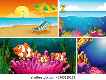 Cuatro escenas diferentes de la playa tropical y el submarino con creador de dibujos animados estilo