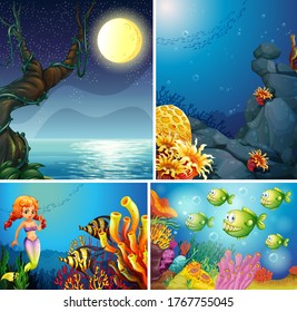 Four different scene of tropical beach at night and mermaid underwater with sea creater cartoon style illustration