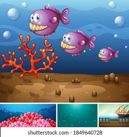 Cuatro escenas diferentes de la playa tropical y el submarino con creador de dibujos animados estilo