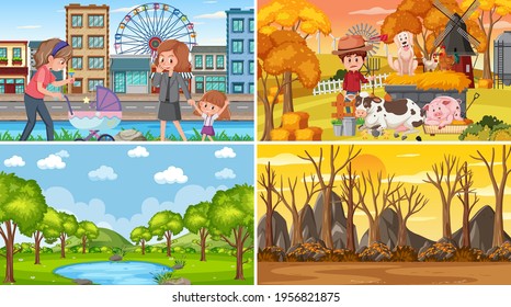 Four different scenes with children cartoon character illustration