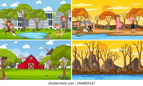 Four different scenes with children cartoon character illustration