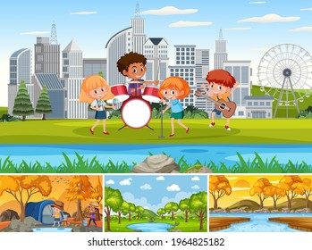Four different scenes with children cartoon character illustration