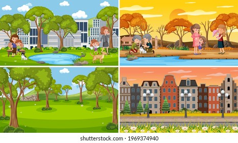 Four different scenes with children cartoon character illustration